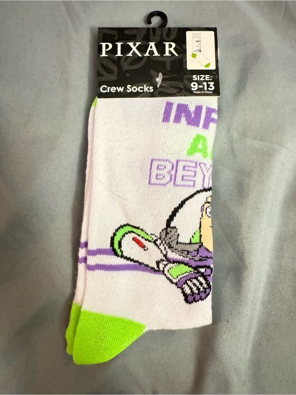 Buzz Lightyear Crew Socks - White with Green & Purple Accents (Men's Size 9-13)